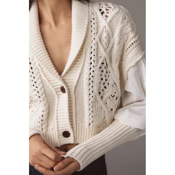 NWT Size S - Anthropologie Balloon-Sleeve Twofer Cable-Knit Cardigan Sweater - Picture 5 of 16
